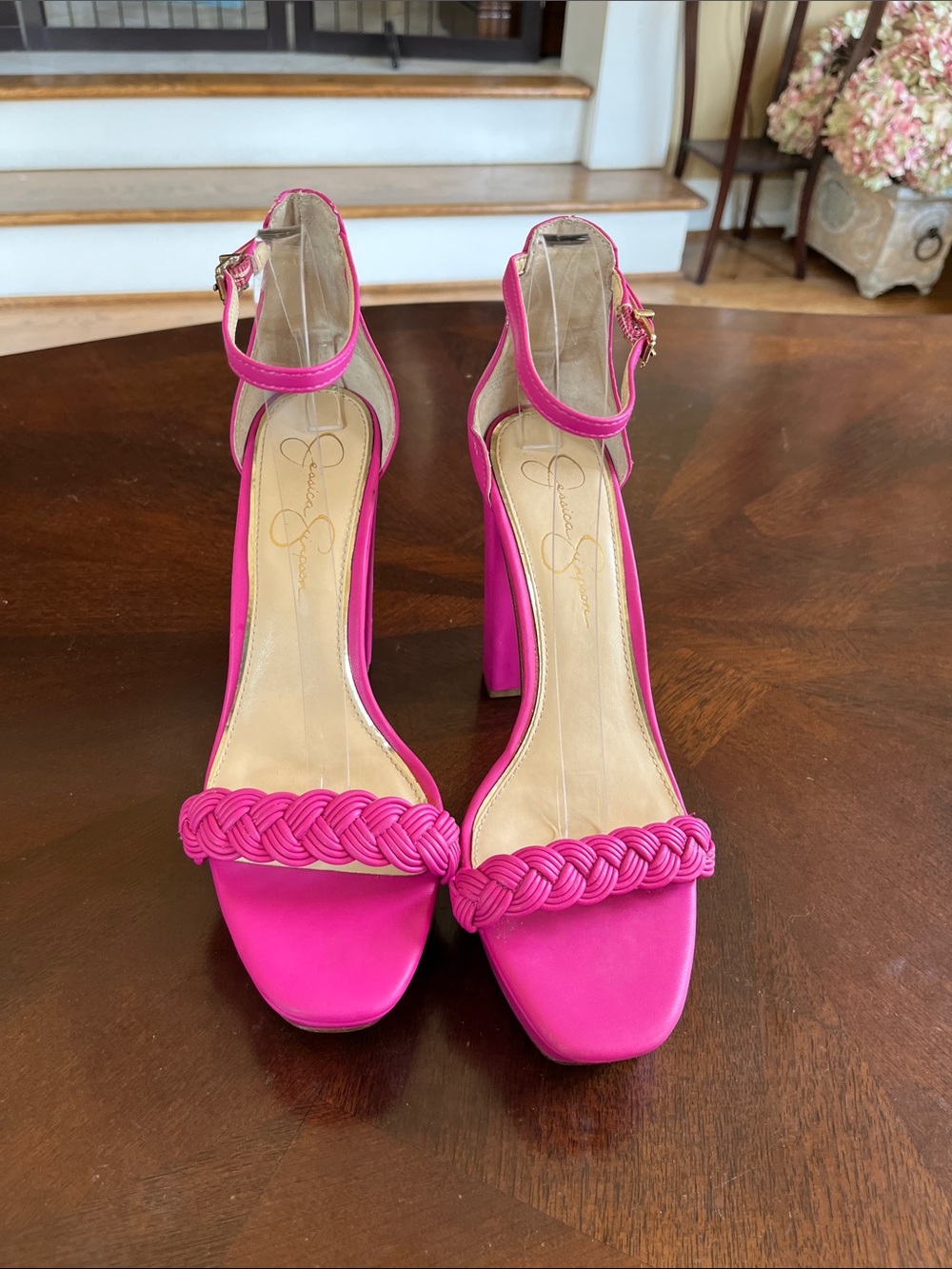 Jessica Simpson Hot Pink Braided Strap Block Heel Sandals
